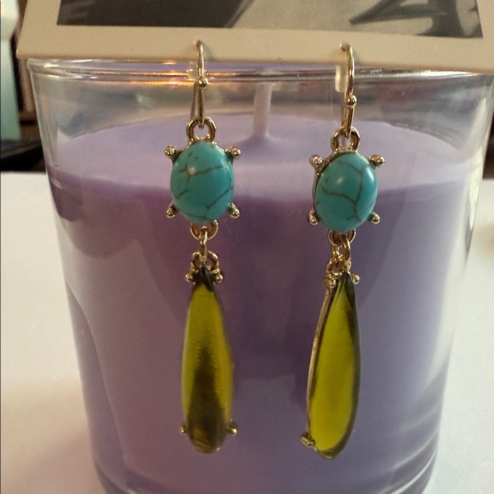 NWT Anthropologie Gold and Turquoise Dangle Earrings - Picture 2 of 6